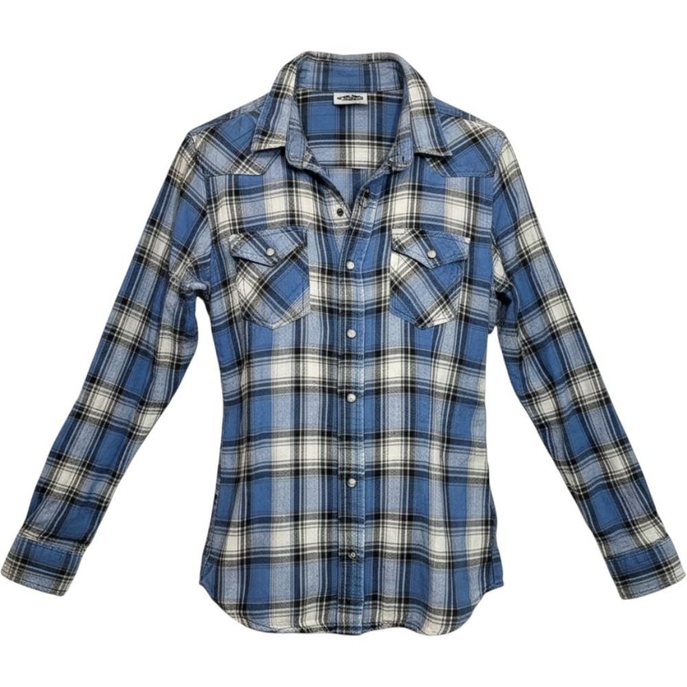 Harley Davidson Plaid Shirt - Size Small Blue Metallic Embroidered Western Snap